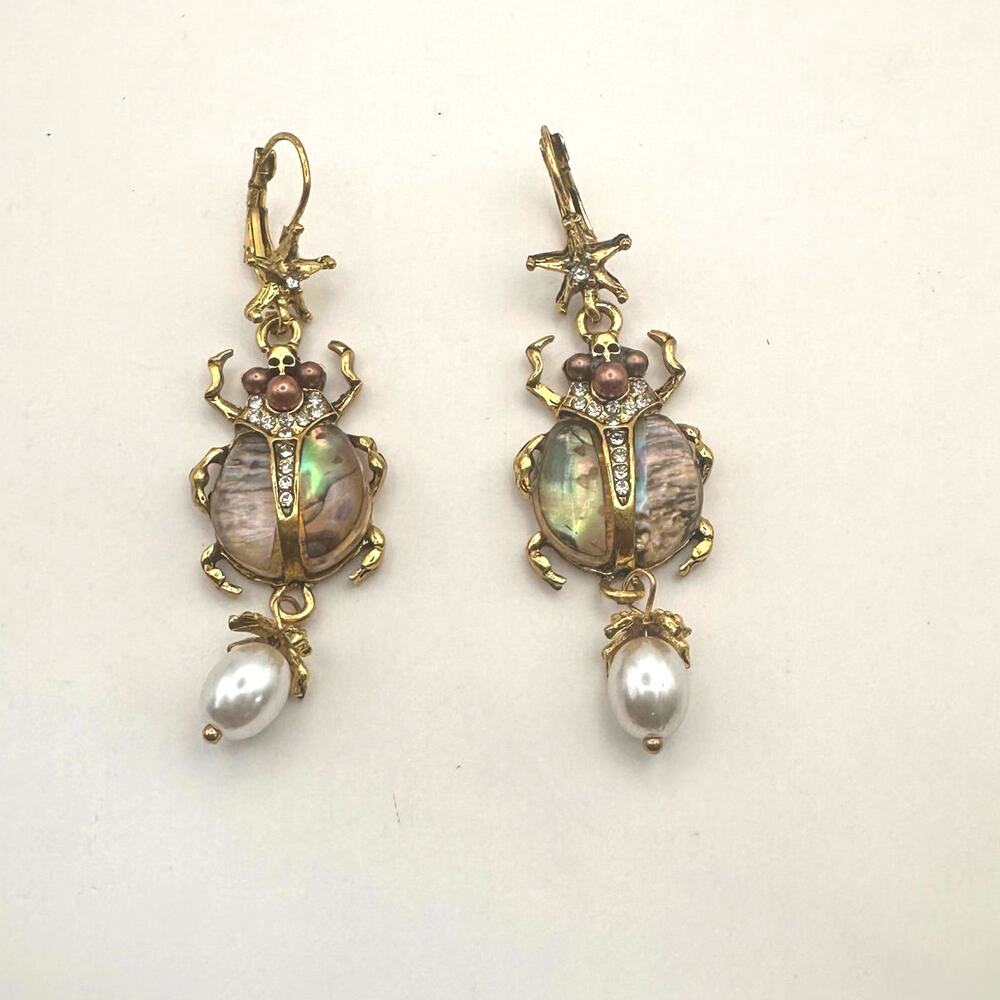 Scarab Beetle Earring Dangle Drop Faux Pearl Costume Jewelry Unique Casual
